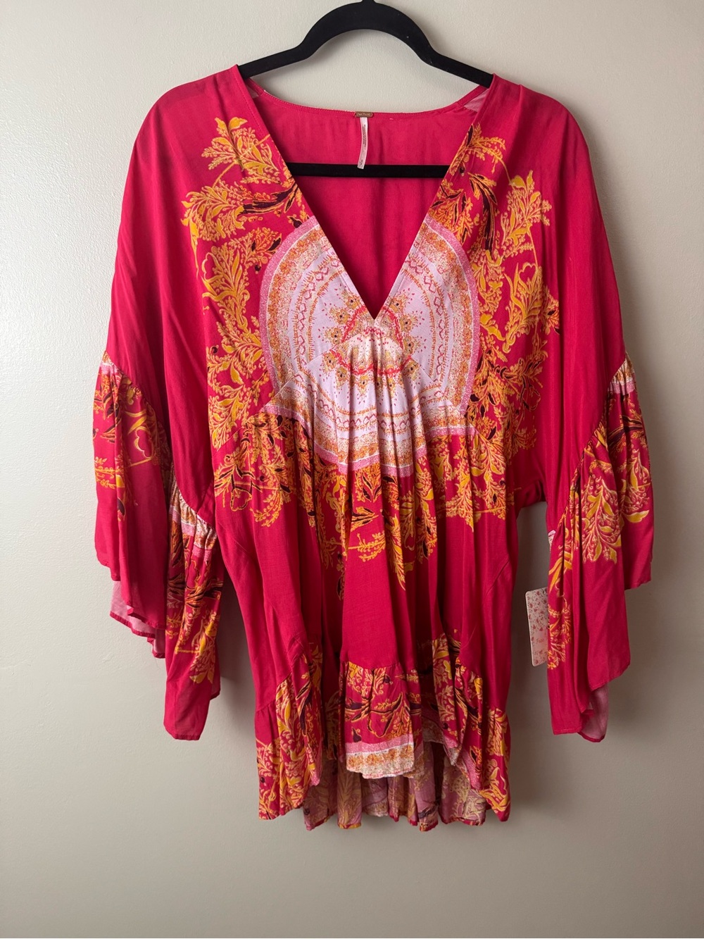 Free People Sunset Dreams Ruffle Boho Tunic Top Bell Sleeves NWT Small
